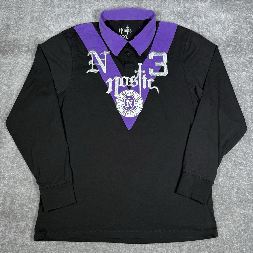 Nostic Polo Shirt Men's XXL Black Purple Long Sleeve Embroidered Truth Justice